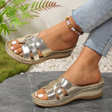 Amozae-Gold Silver Wedge Heel Slippers for Women Summer 2025 Comfort Non Slip Beach Shoes Woman Fashion Weaving Platform Slides Sandals