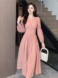 Amozae-Christmas Outfit New Year's Eve Dress party look inspos Vintage Long Sleeve Dresses Autumn New French Elegant V Neck Single Breasted Women Fairy Dress Solid High Waist Ladies Robe New