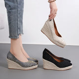 Amozae-New Pointed Shallow Mouth Women Wedge Heel Thick Sole Single Shoes Women Straw Woven Twine rope sole Spring Autumn Shoes