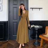 Amozae-Christmas Outfit New Year's Eve Dress party look inspos Women's Elegant Pleated Knitted Dress with Ribbon Autumn Long Sleeve V-Neck Slim Party Vestidos Korean Female Evening Dresses