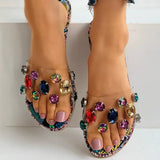 AMOZAE-- Fashionable Flip Flops with Gemstone Rhinestones, Transparent PVC Flats