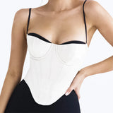 Suninheart Thick Satin Bustier Corset Crop Top with Chest Pads Spaghetti Strap White Bodycon Top Summer Women Tops with Fishbone