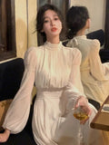 Amozae-Christmas Outfit New Year's Eve Dress party look inspos 2024 Autumn Turtleneck Solid Midi Dress Women Long Sleeve French Elegant One Piece Dresses Spring Korean Fashion Y2k Clothing