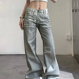 Amozae-Jeans Silver White Dirty Fit Leg Low Women Baggy American Vintage Wide Waist Jeans Y2k Style Destroy Wash 2024 New Denim Pants