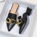 Amozae-Chunky Chain Heel Mule Shoes Black Slippers Women Pointed Toe Fashion Slides Women Plus Size 44 High Heeled Designer Shoes Women