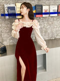 Amozae-Christmas Outfit New Year's Eve Dress party look inspos Elegant Red Ruffles Slash Neck Evening Party Dress for Women Puff Sleeve Off Shoulder Split Wedding Prom Robe Female Vestidos