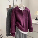 Amozae-Autumn Casual Outfits Amozae-Lapel Knitted Sweater for Women, Colored Wool, Lapel, Sticky Buttons, Purple Polo's Sweater