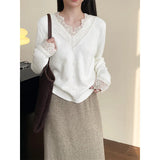 Amozae-Autumn Casual Outfits Amozae-Lace Patchwork Knitted Sweater, V-Neck, Long Sleeve, Basic Jumper, Fall, Winter