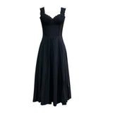 Amozae Summer Elegant Lace Up Black Dress Long A Line Midi Party Dress Casual Double Layer Women Dress 2024 New Arrivals