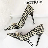 BIGTREE 2024 Spring Women Pumps Pearl Metal Chain High-heels Checked Grain Stilettos Heels Luxury Banquet Shoes 43