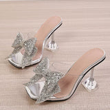 Amozae- 2024 New Transparent Slippers For Women Fashion Silver Crystal Bowknot High Heels Female Mules Slides Summer Sandals Shoes