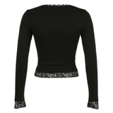 Amozae Lace Vintage Square Collar Crop Top Knitwear Slim Fit Black Y2K Long Sleeve Tee Shirt Autumn Shirts Inside Casual