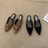 Amozae-Women Slippers Pointed Toe Leopard Design Shallow Slip on Thin Low Heels Black Flock Design Casual Mules Loafers Black Outdoor