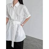 Amozae-Spring Summer Casual Outfits Belt Shirt Dress Women's Summer Buckle Strap Waist Short Sleeved Top