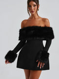 Amozae-new years eve outfits Christmas party outfits Women Black Fluffy Faux Fur Backless Mini Dress Fashion Strapless High A-neck Slim Dresses 2024 New Lady Party Gown Vestidos