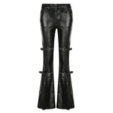 Amozae-PU Leather Flare Pant Goth Buckle Lace Patchwork Pants Women Fashion Y2K Streetwear Vintage Aesthetics Casual Trouesrs