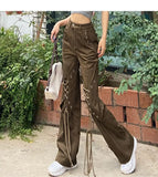 Amozae-Bell-Bottoms Lace Up Design High Waist American Vintage Style Straight Leg Trousers Harajuku Fashion Y2k Streetwear Trousers