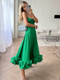 Amozae-2024 Women Spaghetti Strap A-line Ruffles Pink Evening Dresses Elegant Sweet Sleeveless Backless Zip-up Green Party Prom Dress