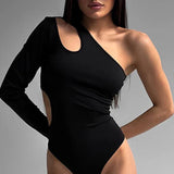 Amozae One Shoulder Cut Out Women Bodysuit Sexy Backless Fashion Chic Fall Rompers Party Rave Outfits Lady Bodysuit Tops