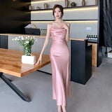 Amozae-Christmas Party Dresses Elegant Party Black Satin Midi Dresses for Women 2024 Summer New Sexy Fashion Bodycon Sleeveless Split Strap Female Clothing