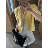 Amozae-Spring Summer Casual Outfits Pink Yello Short Sleeve Tweed Jacket With Dual Pocket For Summer Spring