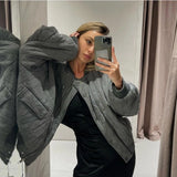 Grey Quilted Padded Women Bomber Cotton Coat Single Breasted Stand Collar Vintage Jacket 2023 Autumn Winter Chic Casual Outwears