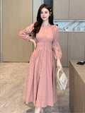 Amozae-Christmas Outfit New Year's Eve Dress party look inspos Vintage Long Sleeve Dresses Autumn New French Elegant V Neck Single Breasted Women Fairy Dress Solid High Waist Ladies Robe New