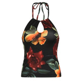 Amozae Vintage Floral Print Backless Cami Top Cut Out Front Women Sexy Halter Tank Tops Y2K Fashion Slim Vest Summer Outfits