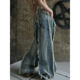 Amozae-Rugged Striped High Street Trendy Washed Do Old Patchwork Jeans for Women American Retro Oversized Loose Wide Leg Mop Pants