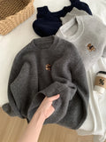 Amozae-Autumn Casual Outfits Amozae-Thick Teddy Bear Embroidered Pullover Sweater Women Loose Gray Long Sleeved Knit Sweater Warm For Autumn