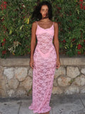 Amozae-2024 Sexy Pink Lace Dress Women's Elegant Sleeveless See Through Backless Slim Long Maxi Evening Party Slip Dresses Streetwear