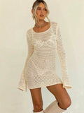 Amozae- Women Bikini Cover Ups Crochet Cutout Backless Long Sleeve Hollow Out See0-through Knitted Mini Dress Beach Sundress