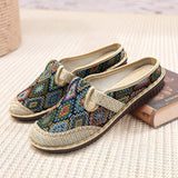 Amozae-Women Slipper Ethnic Embroidery Summer Flat Shoe Linen Wedge Cloth Shoes Soft Sole Walking Elderly Sandal Ladies Slip-on Muller