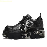 Amozae-Retro Rock Dark Black Punk Leather Shoes 2025 New Platform Metal Stitching Unisex Shoes Low-Top Height-Enhancing Big-Head Shoes