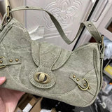 Amozae-Fall Outfits Streetwear y2k 90s Fashion Gothic  Y2k Vintage Shoulder Bag American Street Style Rivets Green Canvas Handbag Gothic Punk Biker Cool Designers Underarm Bag