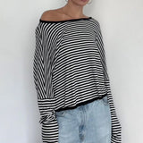 Amozae Open Back Striped Top Women Stylish Chic Long Sleeve Oversized Y2K Tshirt Casual Sexy Fashion O-neck Tee Streetwear