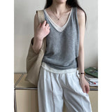 Amozae-Spring Summer Casual Outfits Fake Two-piece Knit Tank Tops For Women, 25 Summer V-neck Shoulder Top