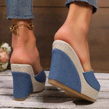 Amozae-Fashion Blue Denim Wedge Sandals for Women Peep Toe Chunky Platform Slippers Woman 2025 Summer Comfort Thick Sole Beach Slides