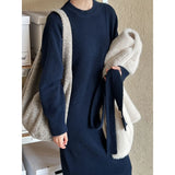 Amozae-Autumn Casual Outfits Amozae-Loose Soft Sticky Knit Dress + Scarf Women's 2024 Autumn  Winter Long Over Knee Lazy Style Dress