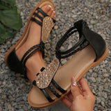 Amozae-Ankle Strap Braided Roman Sandals for Women 2025 Summer Shiny Crystal Flat Sandals Woman Comfortable Soft Non Slip Beach Shoes