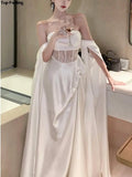 Amozae-French Romantic White Wedding Dress Elegant Hollow Out Backless Evening Party Dresses Women Summer Off Shoulder Robe Mujers