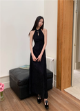 Amozae-dress to impress party dress nye outfits Halter Black Long Party Dress High-End A Line Sleeveless Prom Dress YM1798