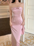 Amozae-Christmas Party Dresses Pink Bow Neckline Patchwork Mesh Vest Dress Long Skirt Satin Light Gown High Waist Slim-Fit Elegant Party Maxi Dresses Female