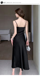 Amozae-Christmas Party Dresses Elegant Party Black Satin Midi Dresses for Women 2024 Summer New Sexy Fashion Bodycon Sleeveless Split Strap Female Clothing