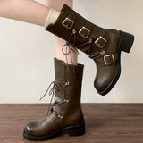 Amozae-Retro Style Women Mid Calf Boots Fashion Belt Buckle Shoes Autumn Winter Thick Heel Ladies Western Cowgirl Booties