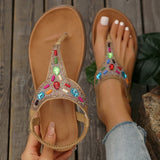 Amozae-Beaded Decor Bohemian Flat Sandals for Women Summer 2025 Elastic Band Clip Toe Rome Sandals Woman Soft Sole Non Slip Beach Shoes
