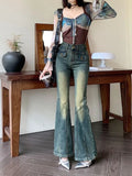 Amozae-American Retro Distressed Women Jeans Y2k Spliced Slim Slim Boot Pants Autumn Hot Girl High Waist Pants