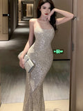 Amozae-Sexy Bodycon Sequined Evening Party Long Dresses for Women Spaghetti Strap New Summer Slim Mermaid Backless Prom Robe Vestido