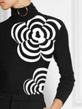 Amozae-Spring Long Sleeves Casual Black Tops Fashion Flower Print High Neck Zipper Skinny T-Shirts For Women 2024 New