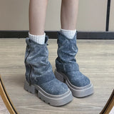 Amozae-Chunky Women Blue Denim Short Boots Fashion Slip On Ankle Booties Autumn Winter Female Platform Heel Shoes